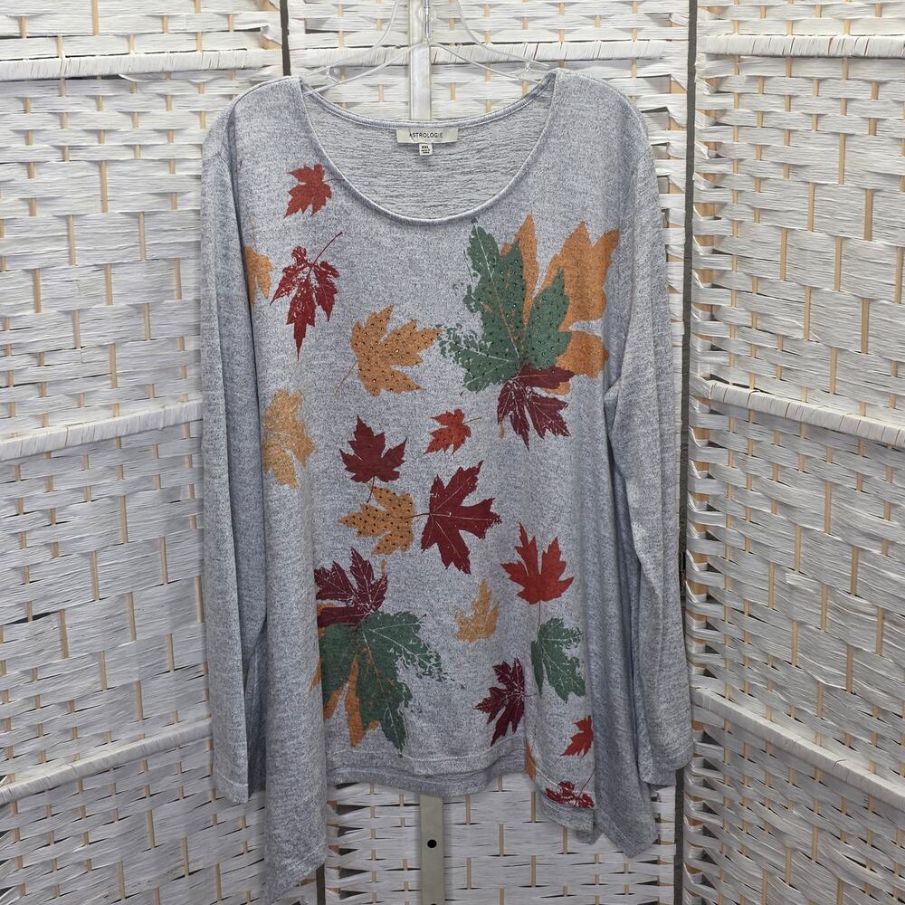 Astrologie XXL Gray Fall Leaf Print Rhinestone Sharkbite Tunic Top Long Sleeve